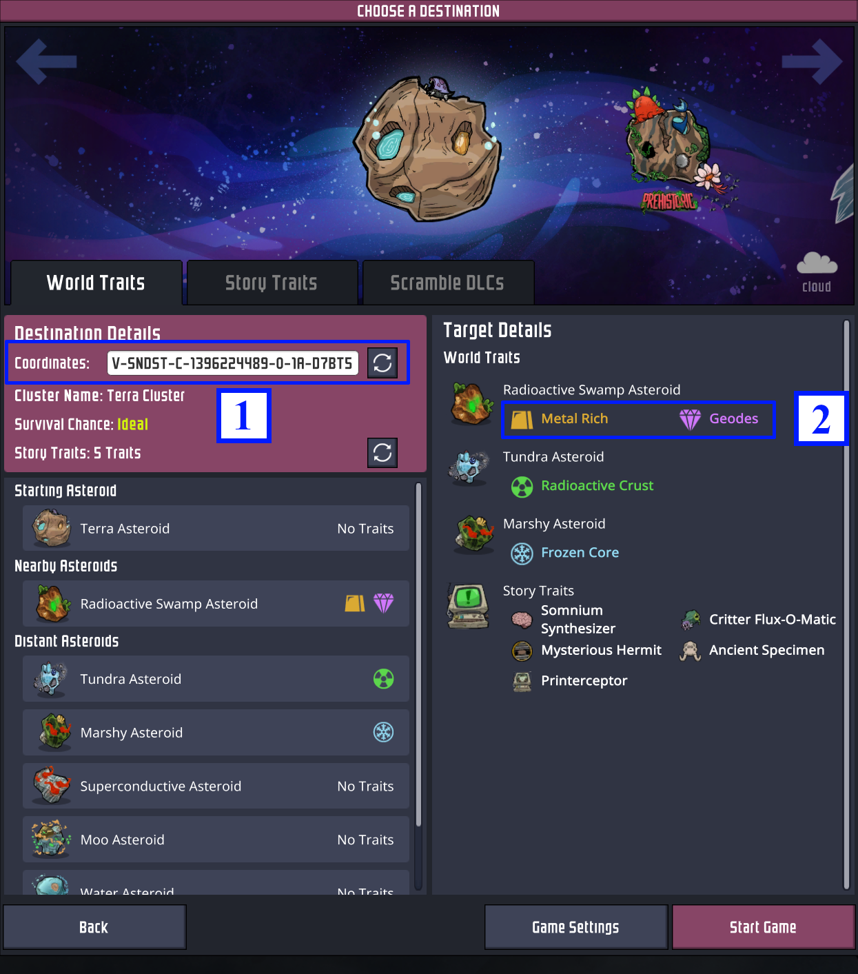 World generation dialog with the coordinates highlighted with number [1] and main world traits with number [2]